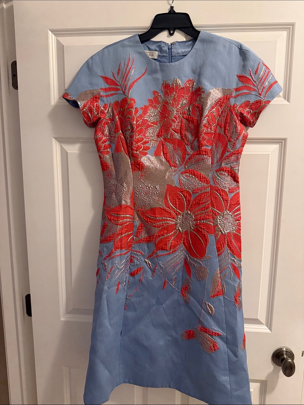 Rickie Freeman for Teri Jon Light Blue Dress with Coral Floral Embroidery - Picture 2 of 3